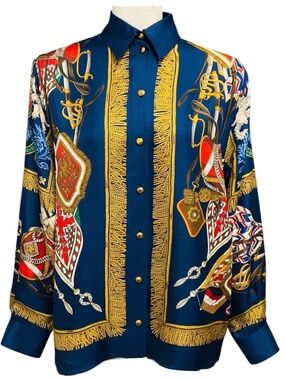 GUCCI NAVY BLUE MULTI GARDEN COLLECTION PRINT SILK BLOUSE